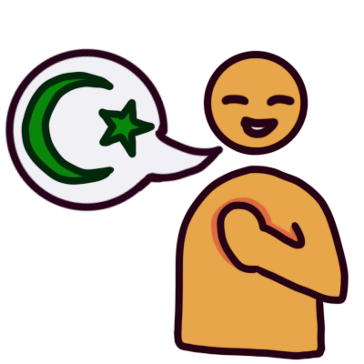 a smiling yellow figure with a hand on their chest. they have a speech bubble with a green star and crescent in it.